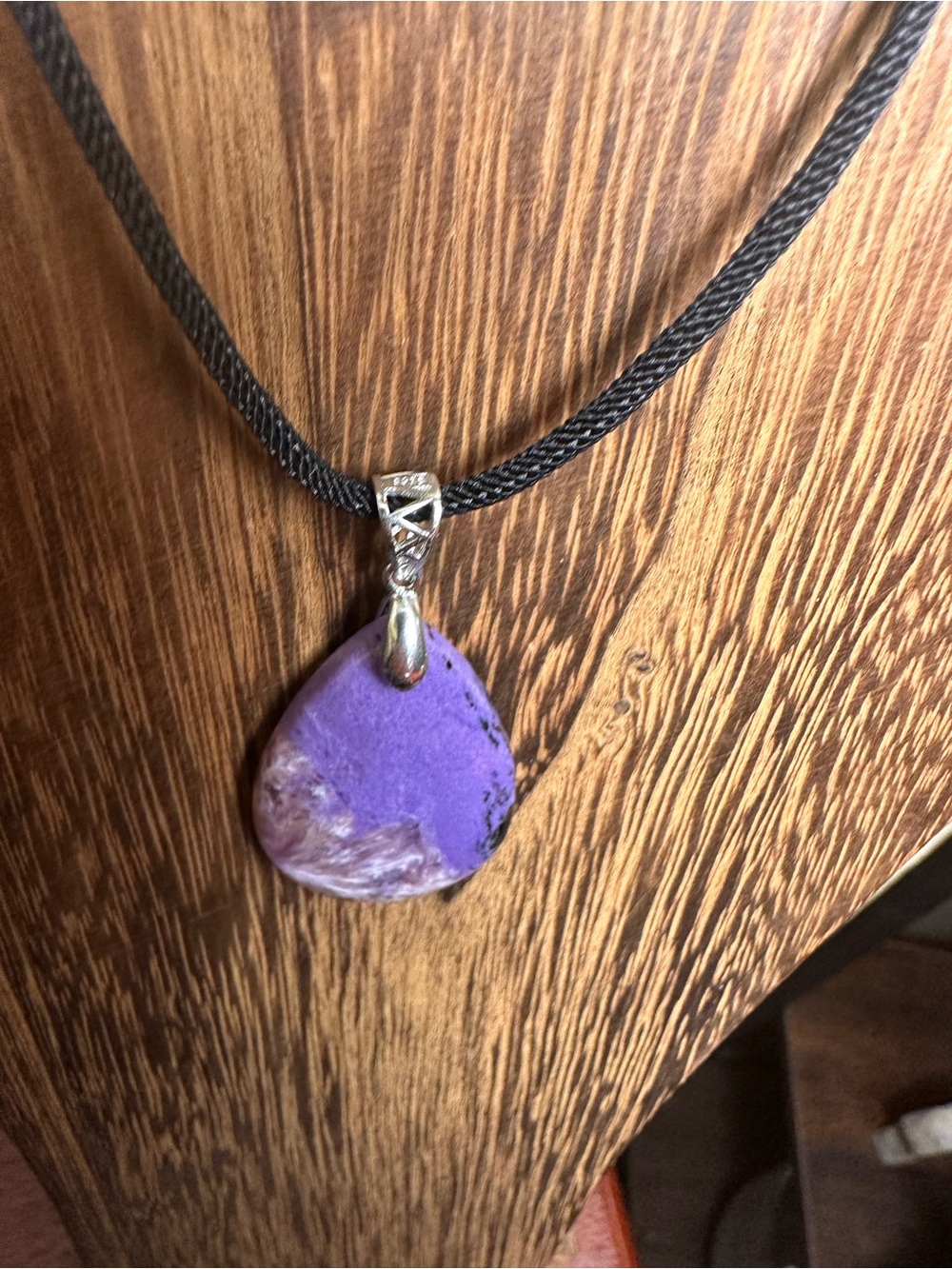Charoite Teardrop Necklace on Sterling Silver Bail and Black Rope - Picture 6 of 14